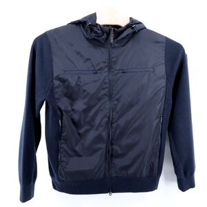 J Lindeberg Ben Hybrid Wool Knitted Jacket Mens Large Navy Full Zip Hooded